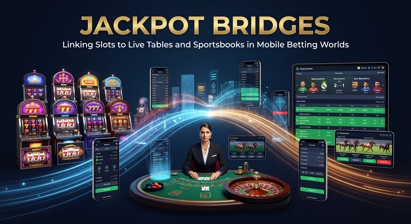 Smartphone-Bildschirm mit einer App, die Slot-Jackpot, Live-Tisch-Action und Sportwetten-Event in Echtzeit verknüpft, inklusive pulsierender Brücken-Grafiken und steigenden Pot-Anzeigen